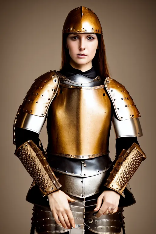 Image similar to female medieval knight, leather armor, brown hair, by louis vuitton, gold and luxury materials, symmetrical, cinematic, elegant, professional studio light, real dlsr photography, sharp focus, 4 k, ultra hd, sense of awe, high fashion