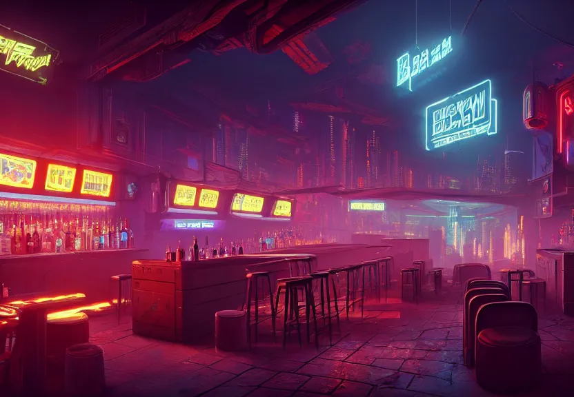 Prompt: concept art of cyberpunk bar environment : 8 k, hdr, studio, matte painting, environment, digital illustration, style cyberpunk 2 0 7 7 artstation, by marcin stepien, by mihai muscan, by marta leydy, by charlotte hughes, by zuzanna dabrowa, neon bioluminescence, highly detailed