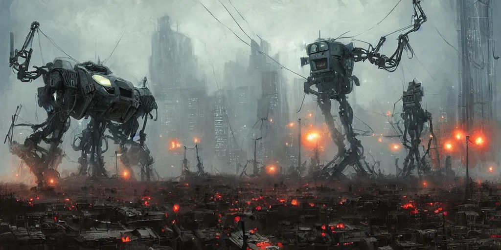 Prompt: war of the worlds, giant mech attack new york, human soldiers, intense fighting, glowing lights! digital painting, very detailed, art by jakub rozalski