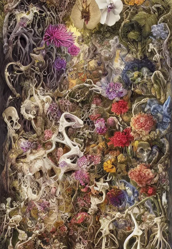 Image similar to simplicity, elegant, colorful muscular eldritch animals and bones radiating from fractal, orchids, dahlias, flowers, mandalas, white bones, by h. r. giger and esao andrews and maria sibylla merian eugene delacroix, gustave dore, thomas moran, pop art, chiaroscuro, biopunk, art nouveau