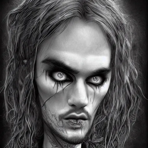 Prompt: michael karcz grunge drawing of lil peep. , in the style of corpse bride, loony toons style, horror themed, detailed, elegant, intricate, trending on artstation, 4k