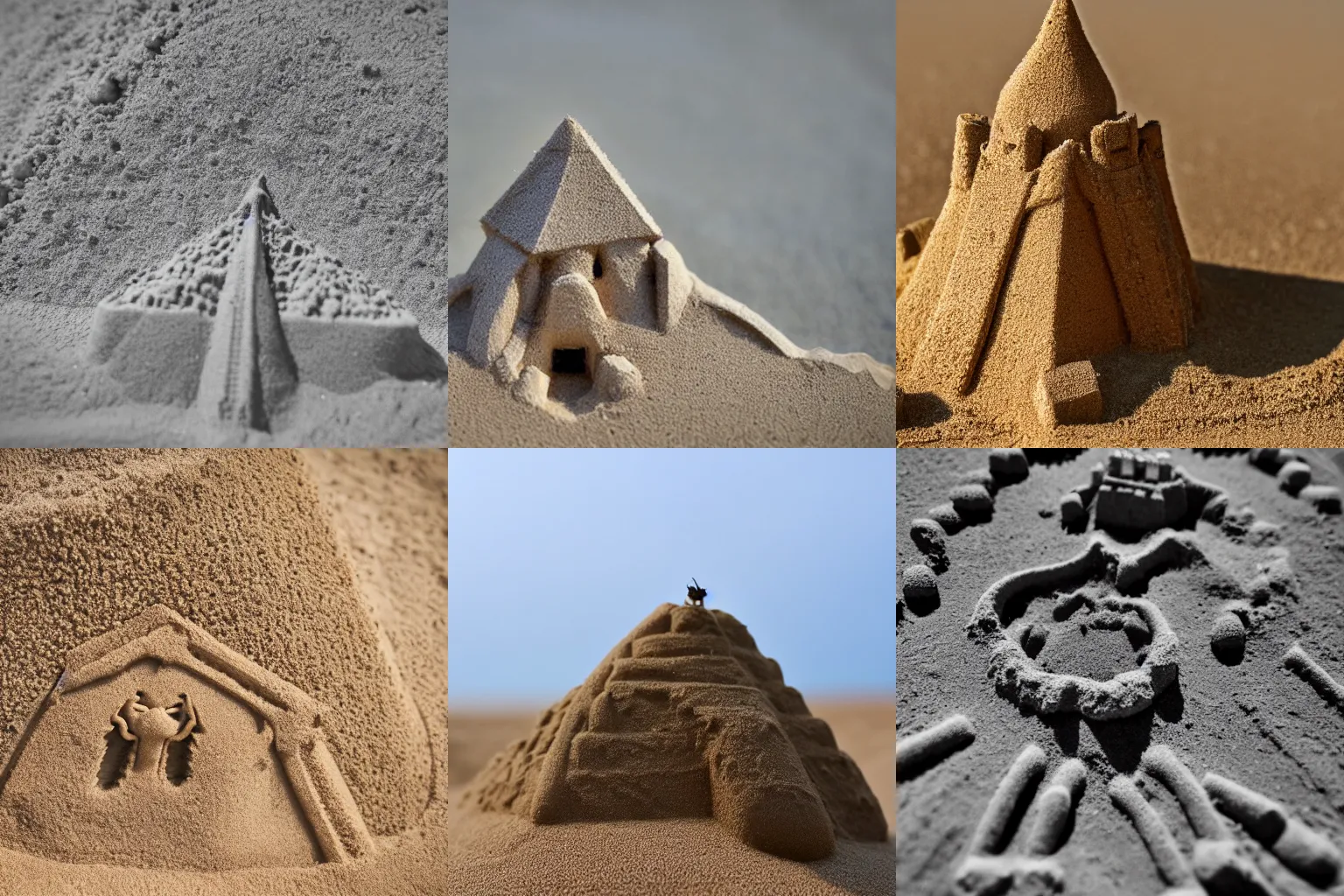 Prompt: a sandcastle seen from an ant's point of view, low angle macro photograph