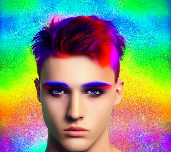 Image similar to extremely beautiful young man with hyperealistic glossy rainbow eyes, digital art, vivid background seductive look.