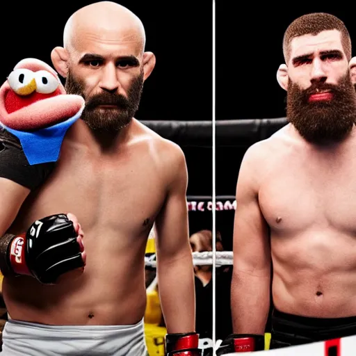 Prompt: two muppets that are dressed as ufc combatants, in the style of jim hensons muppets in live ufc mma fight, hyperrealism stunning photo 8 k, highly detailed, live event.