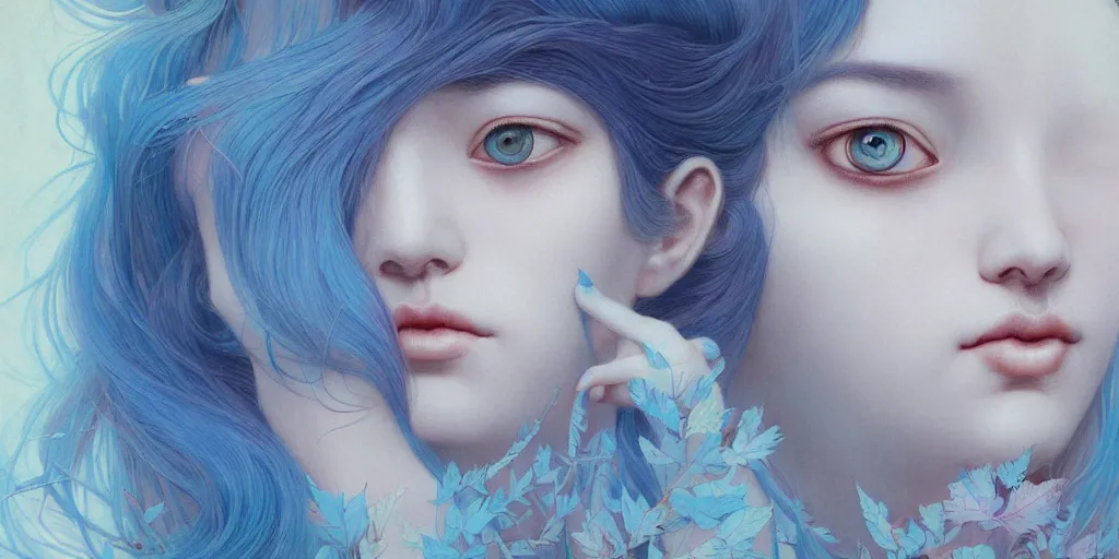 Image similar to breathtaking detailed concept art painting pattern with pastel colors of blue hair faces goddesses amalgamation autumn leaves with anxious piercing eyes, by hsiao - ron cheng and james jean, bizarre compositions, exquisite detail, 8 k