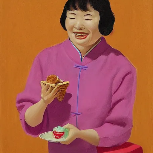 Prompt: happy chinese woman eating icecream in an ipad portrait by david hockney