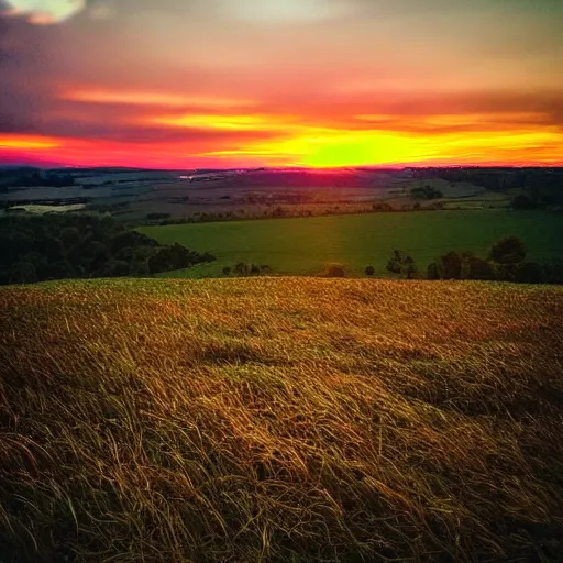 Image similar to sunset above countryside, beautiful landscape, high detail, instagram photo, professional dslr photo, creative composition, beautiful composition