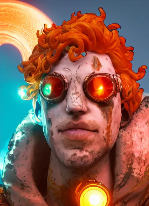 Image similar to glowwave portrait of curly orange hair man from borderlands 3, au naturel, hyper detailed, digital art, trending in artstation, cinematic lighting, studio quality, smooth render, unreal engine 5 rendered, octane rendered, art style by klimt and nixeu and ian sprigger and wlop and krenz cushart.