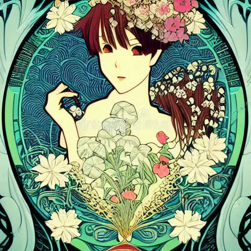 Image similar to anime manga closeup floral detailed highres 4k intricate nature comic patterns vector illustration style by Alphonse Mucha and James Jean pop art nouveau