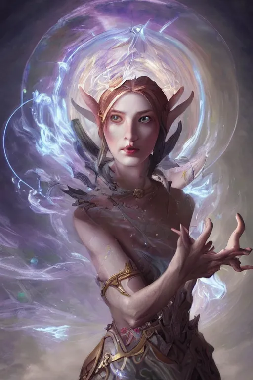 Image similar to portrait of a beautiful elf casting magic spell throwing magic crystal ball, angel, fantasy, dramatic lighting, highly detailed, digital painting, holding electricity, magic the gathering, hyper detailed, 3 d render, hyper realistic detailed portrait, peter mohrbacher, wlop, ruan jia