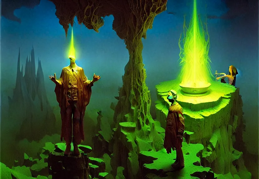 Prompt: the arcanist and the artificer by albert bierstadt and gerald brom and zdzisław beksinski and james gilleard, highly detailed, hyperrealistic, floating metallic objects, blue flames, low light, glowing green crystals