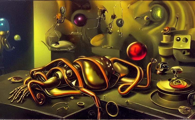 Image similar to strange seductive futuristic robot body, enticing colorful oil painting dutch golden age vanitas still life sparse composition with bulbous objects strange gooey transparent surfaces shiny metal reflections bizarre mutant meat insects rachel ruysch dali todd schorr very detailed perfect composition rule of thirds masterpiece canon 5 0 mm, cinematic lighting, photography, retro, film, kodachrome