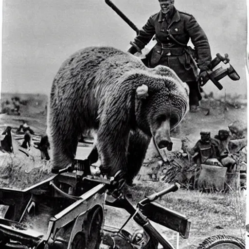 Prompt: a picture of a enormous bear pulling a towed anti - tank canon behind his back like a chariot, eastern front, historical picture