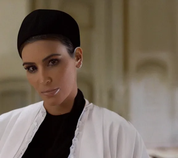Image similar to a movie still of kim kardashian as a nun with her bust slightly showing. backround : church interior