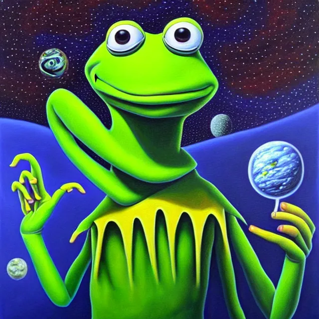 Prompt: an oil on canvas portrait painting of kermit, surrealism, surrealist, cosmic horror, rob gonsalves, high detail