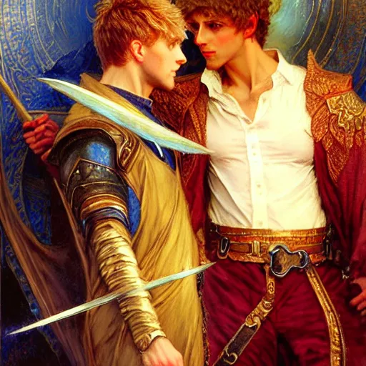 Image similar to attractive arthur pendragon with attractive male merlin the mage. they are in love. highly detailed painting by gaston bussiere, craig mullins, j. c. leyendecker