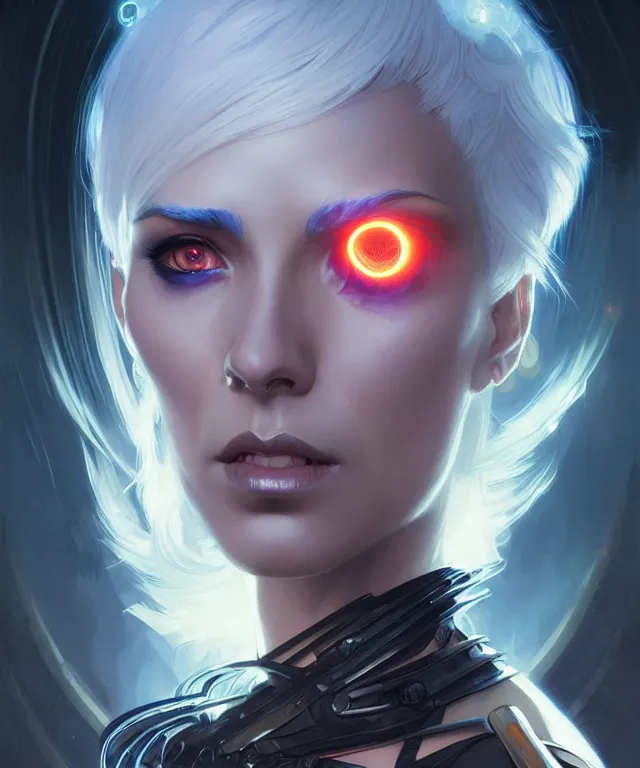 Image similar to futuristic vampires portrait, sci-fi, fire eyes, face, short blue hair, fantasy, intricate, elegant, highly detailed, digital painting, artstation, concept art, smooth, sharp focus, illustration, art by artgerm and greg rutkowski and alphonse mucha