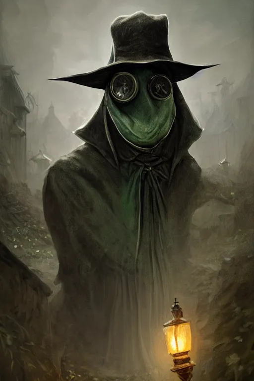 Prompt: A fancy portrait of a green Plague Doctor in a medieval village by Greg Rutkowski, Sung Choi, Mitchell Mohrhauser, Maciej Kuciara, Johnson Ting, Maxim Verehin, Peter Konig, Bloodborne, 8k photorealistic, cinematic lighting, HD, high details, dramatic, dark atmosphere, trending on artstation