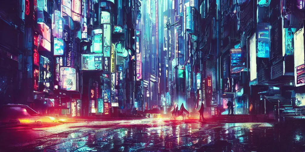 Image similar to Cyberpunk street with futuristic car in the foreground on a rainy day in Japan, evening, low angle view, detailed matte painting, cinematic, Moebius, Artstation