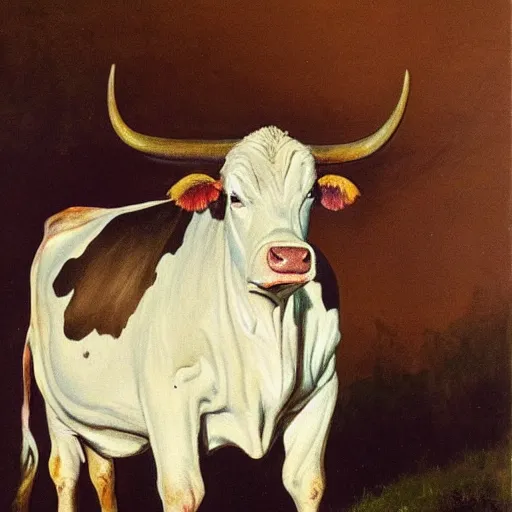 Image similar to painting by zorn, cow wearing clothes!!! standing next to royal castle!!!