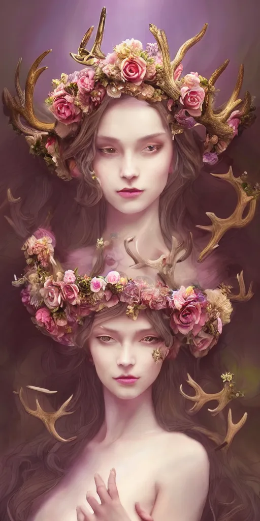 Image similar to A beautiful fantasy empress, just one head, flower tiara, long hair, wearing dramatic aristocrat robe, delicate figure, field of fantasy flowers, foxes and deer, epic composition, ultra wide-shot, dynamic pose, concept art, dramatic lighting, digital painting, smooth, character design, ((sharp focus)), elegant, intricate, trending on artstation, by WLOP and James Jean and Victo Ngai