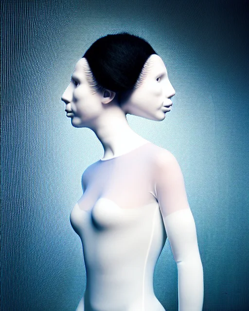 Prompt: portrait of a woman wearing a white embroidered translucent silicone mask and white blue frizzy hair buns, wearing a black bodysuit by alexander mcqueen, cream white background, soft diffused light, biotechnology, humanoide robot, bjork aesthetic, translucent, by rineke dijkstra, intricate details, highly detailed, masterpiece,