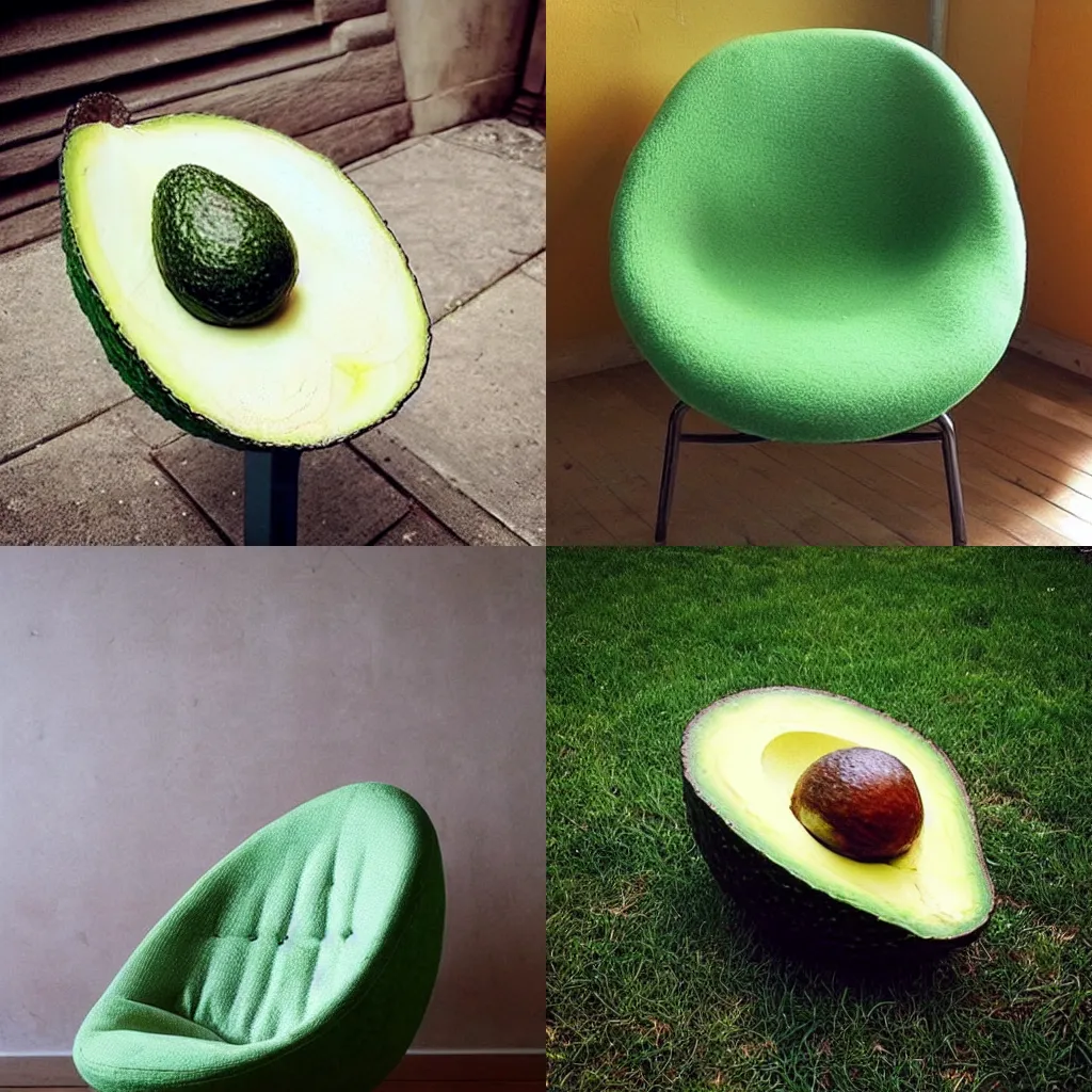 Prompt: “an avocado chair, a chair that looks like an avocado, photo”