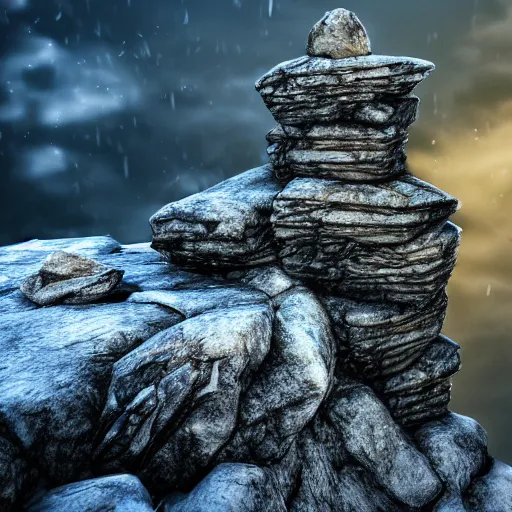 Prompt: a closeup photorealistic photograph of a rock tower with some leaves, in an icy place, fantastic four theme.. bright scene. fine detail. this 4 k hd image is trending on artstation, featured on behance, well - rendered, extra crisp, features intricate detail, epic composition and the style of unreal engine.