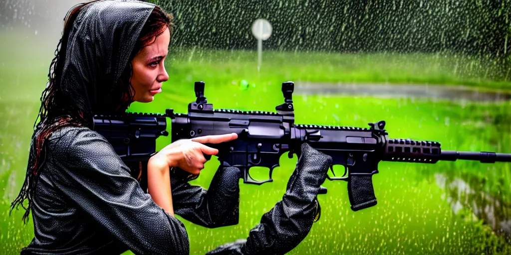 Image similar to hyperrealistic photo of a hot wet girl in the rain holding an ar - 1 5, 8 k