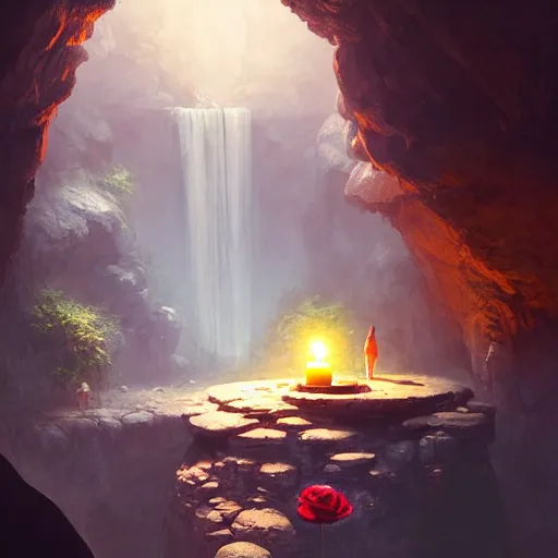 Image similar to cozy, hotspring hidden in a cave, candlelight, towels, cushions, natural light, roses, lush plants and flowers, elegant, smooth cave rock, fantasy, atmospheric lighting, digital painting, Greg Rutkowski concept art