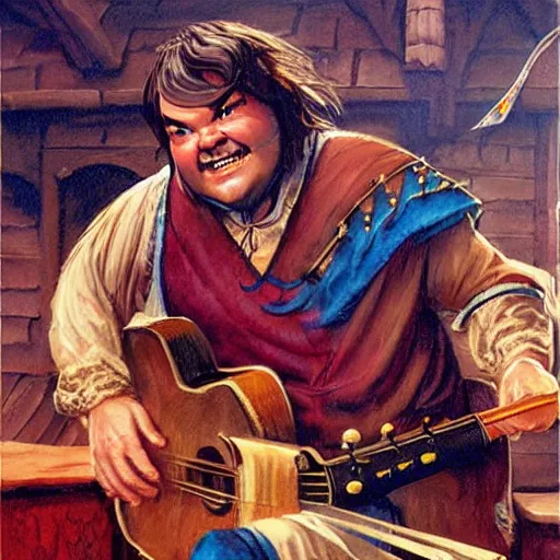 Prompt: D&D character jack black as bard in a tavern playing a bad song designed by Bruce Pennington painted by Ed Emshwille Graphic novel