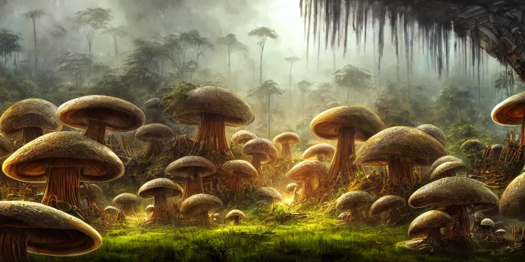 Prompt: a clearing in the jungle reveals a village of mushroom huts populated by chrome drillbots and waydroids, matte oil painting, science fantasy, retrofuturistic, sand dunes, biblical, rpg, queer, pride, epic, extremely detailed, sharp focus, 4 k