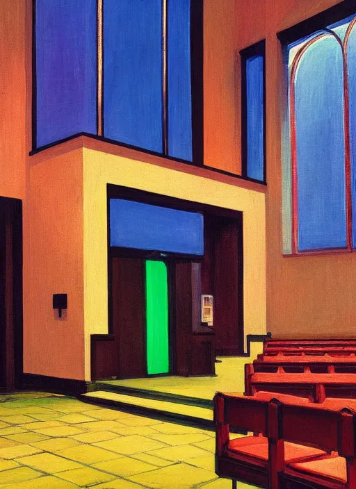 Prompt: a church interior with neon lights painted by Edward Hopper and James Gilleard