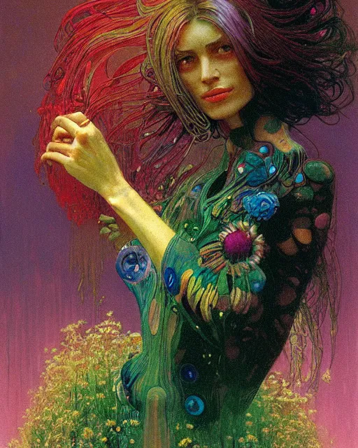 Image similar to rainbow flowerpunk portrait of a strict matriarch by paul lehr, beksinski, alphonse mucha