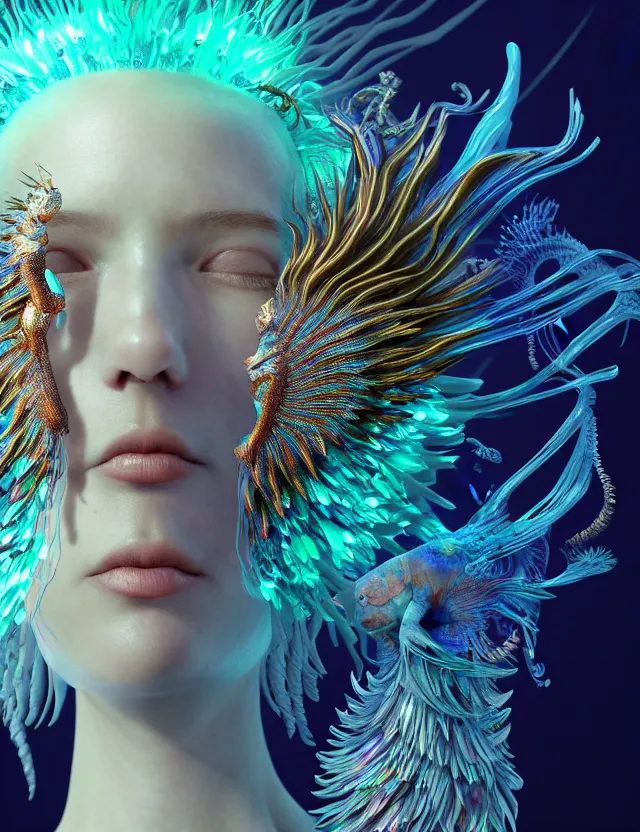 Image similar to render of goddess macro close - up portrait with crown made of phoenix ram skull. betta fish, jellyfish phoenix, bioluminiscent, plasma, ice, water, wind, creature, super intricate ornaments artwork by tooth wu and wlop and beeple and greg rutkowski