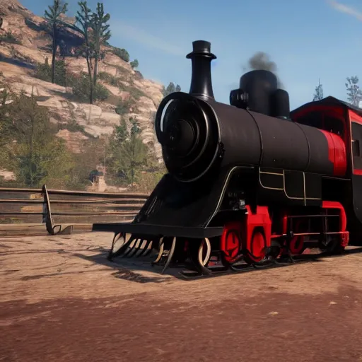 Image similar to futuristic sleek steam locomotive in red dead redemption 2