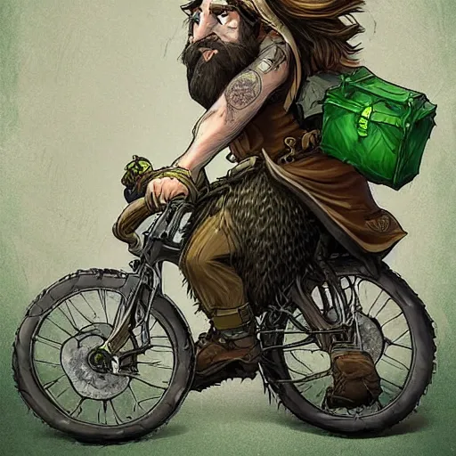 Prompt: a bearded and long haired bicycle food delivery worker with a green bag on his back in ireland, he has boots, hearthstone art style, epic fantasy style art by kim jung gi, fantasy epic digital art