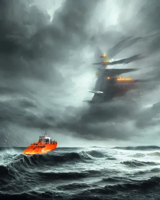 Prompt: a fishing boat on stormy seas, a gigantic star destroyer spaceship with orange lights flying overhead, the gigantic star destroyer spaceship is emerging from storm clouds, sunset lighting, stormy weather, dramatic lighting, unreal engine, hyper realism, realistic shading, cinematic composition, realistic render, octane render, detailed textures, photorealistic, ultrawide shot, 1 6 mm lens