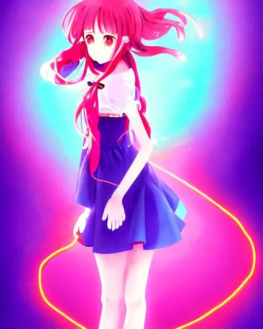 Image similar to anime style, vivid, expressive, full body, 4 k, painting, a cute magical girl idol with a long wavy hair wearing a dress, correct proportions, stunning, realistic light and shadow effects, neon lights, studio ghibly makoto shinkai yuji yamaguchi