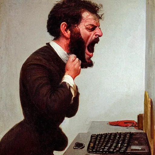 Image similar to an angry man yells at his computer monitor, oil on canvas, 1 8 8 3, highly detailed, high resolution