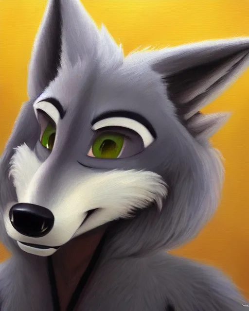 Image similar to oil painting of anthromorphic female wolf, in style of zootopia, female fursona, furry, furaffinity, 4 k, deviantart, furry art, fursona art, wearing black business suit, business suit, wolf fursona, female, smug expression,