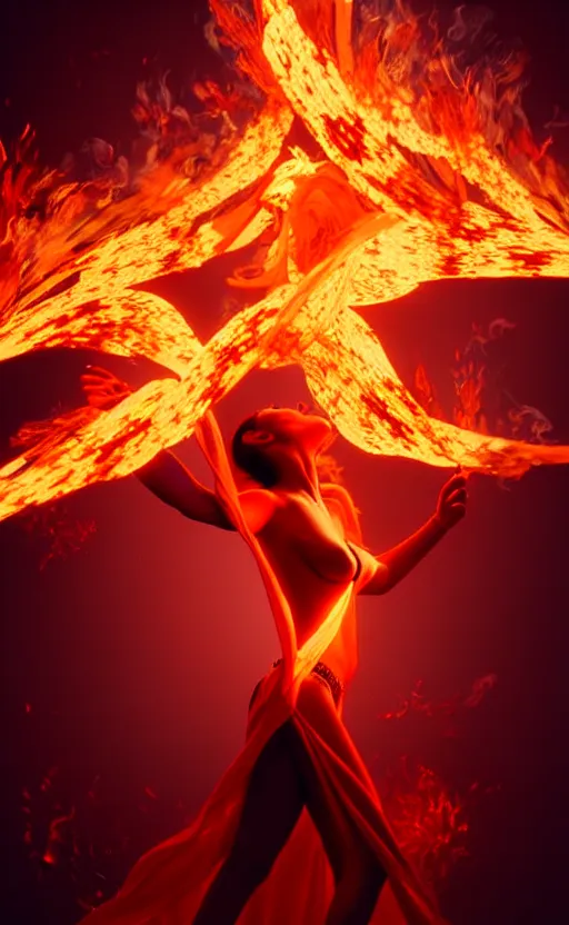 Image similar to women made out of fire dancing in fire, art station, cgsociety, high detail