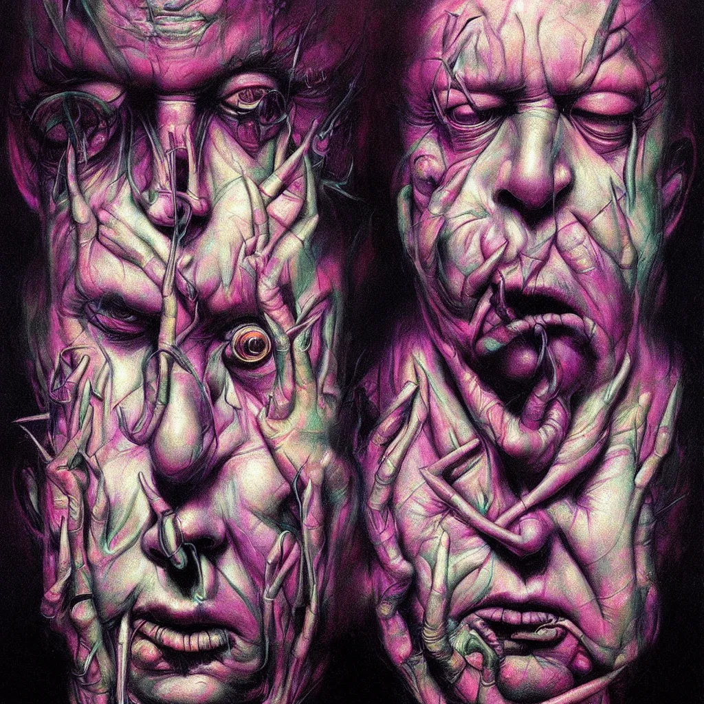 Image similar to psychedelic portrait of bill hicks smoking in the style of hans giger, alex grey, lynchian atmosphere, film noir, concept art, art by kuvshinov ilya and zdislav beksinski and wayne barlowe, vivid colors