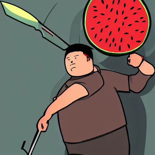 Image similar to a chinese fat guy being stabbed by was stabbed by a man with a watermelon knife in a melon stall.digital art,trending on artstation.