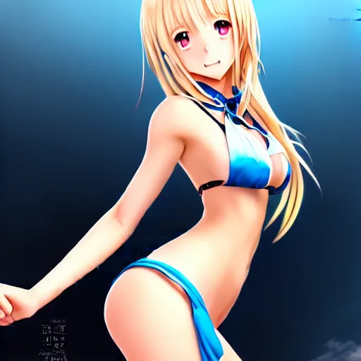 Image similar to a very beautiful young anime giantess from below, full body, long wavy blond hair, sky blue eyes, full round face, evil grin, bikini, miniskirt, front view, mid - shot, highly detailed, cinematic wallpaper by stanley artgerm lau