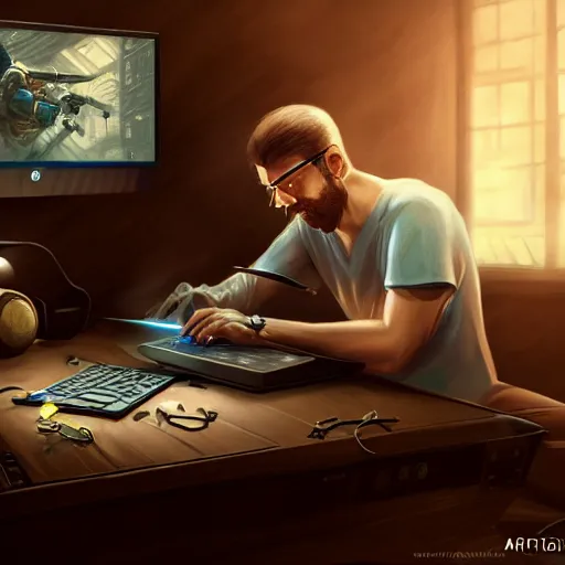 Image similar to realistic man using laptop in gaming room, artstation trends, concept art, highly detailed, intricate, sharp focus, digital art, 8 k