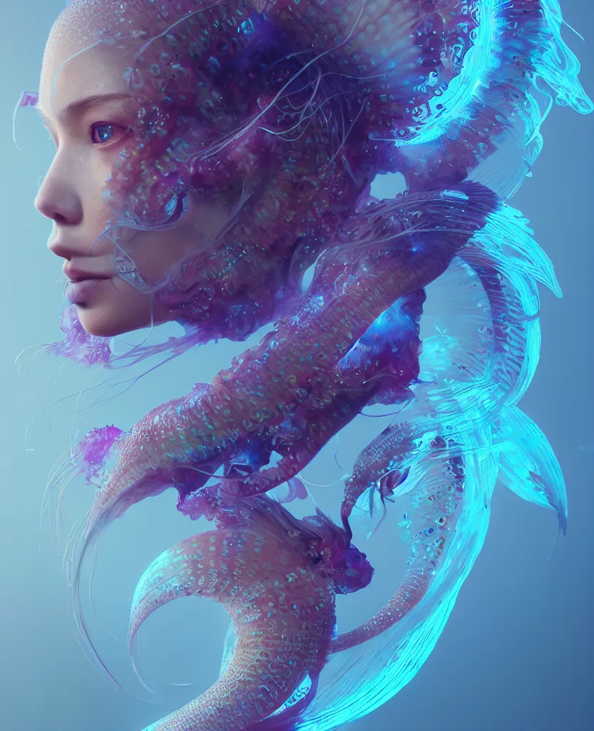 Image similar to goddess close-up portrait. orchid jellyfish phoenix head, nautilus, skull, betta fish, bioluminiscent creatures, intricate artwork by Tooth Wu and wlop and beeple. octane render, trending on artstation, greg rutkowski very coherent symmetrical artwork. cinematic, hyper realism, high detail, octane render, 8k