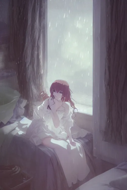Prompt: a girl in a maid's outfit in the bedroom a night, raining outside the window, wavy white long hair, by krenz cushart and mucha and akihito yoshida and greg rutkowski and makoto shinkai and rei _ 1 7, detailed eyes, 4 k resolution