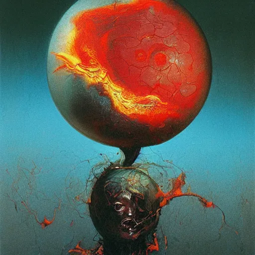 Image similar to a sphere being devoured by abstract splatters of paint in the style of francis bacon, venus being engulfed in flames in the style of james jean, surreal, beksinski, high detailed