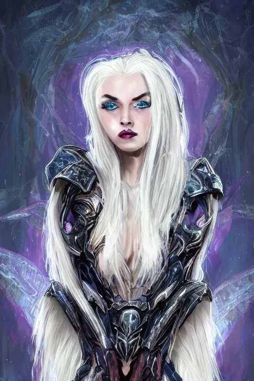 Image similar to portrait evilly knights of Zodiac girl, white hair, seductive eyes and face metalic deep purple and black reflected armor, in ruined Agora of Athens thunder flash night, sparkling, ssci-fi, fantasy, intricate, very very beautiful, elegant, golden light, highly detailed, digital painting, artstation, concept art, smooth, sharp focus, illustration, art by tian zi and WLOP and alphonse mucha
